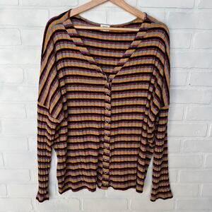 BKE Women's Striped Long Sleeve Knit Oversize Snap Button Top -sz L